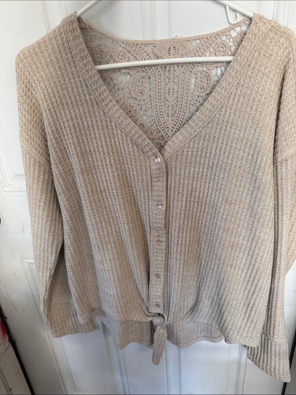 Absolutely Famous Beige Knit Tie-Front Button-Up Top